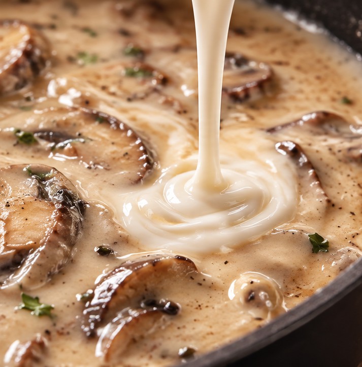 Plant-based cooking cream poured into a mushroom sauce
