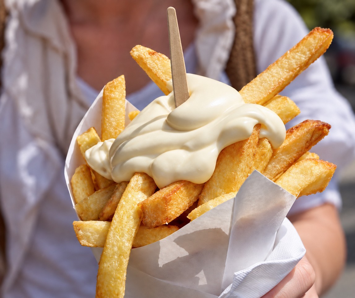Creamy mayonnaise over golden fries with a wooden fork